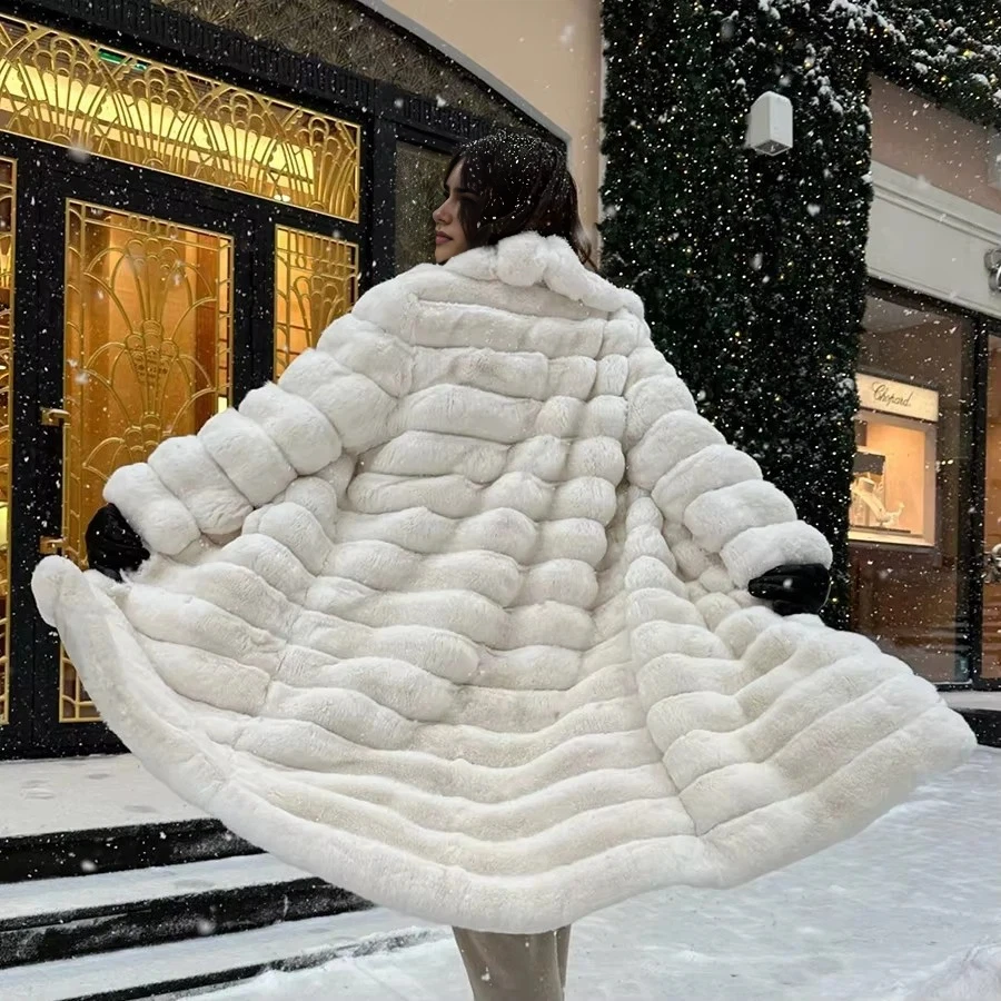 Fur Coat Women White Long Rabbit Fur Coat Women Winter Real Rex Rabbit Fur Coat Genuine Fur Rabbit Coat For Girl Natural Rabbit