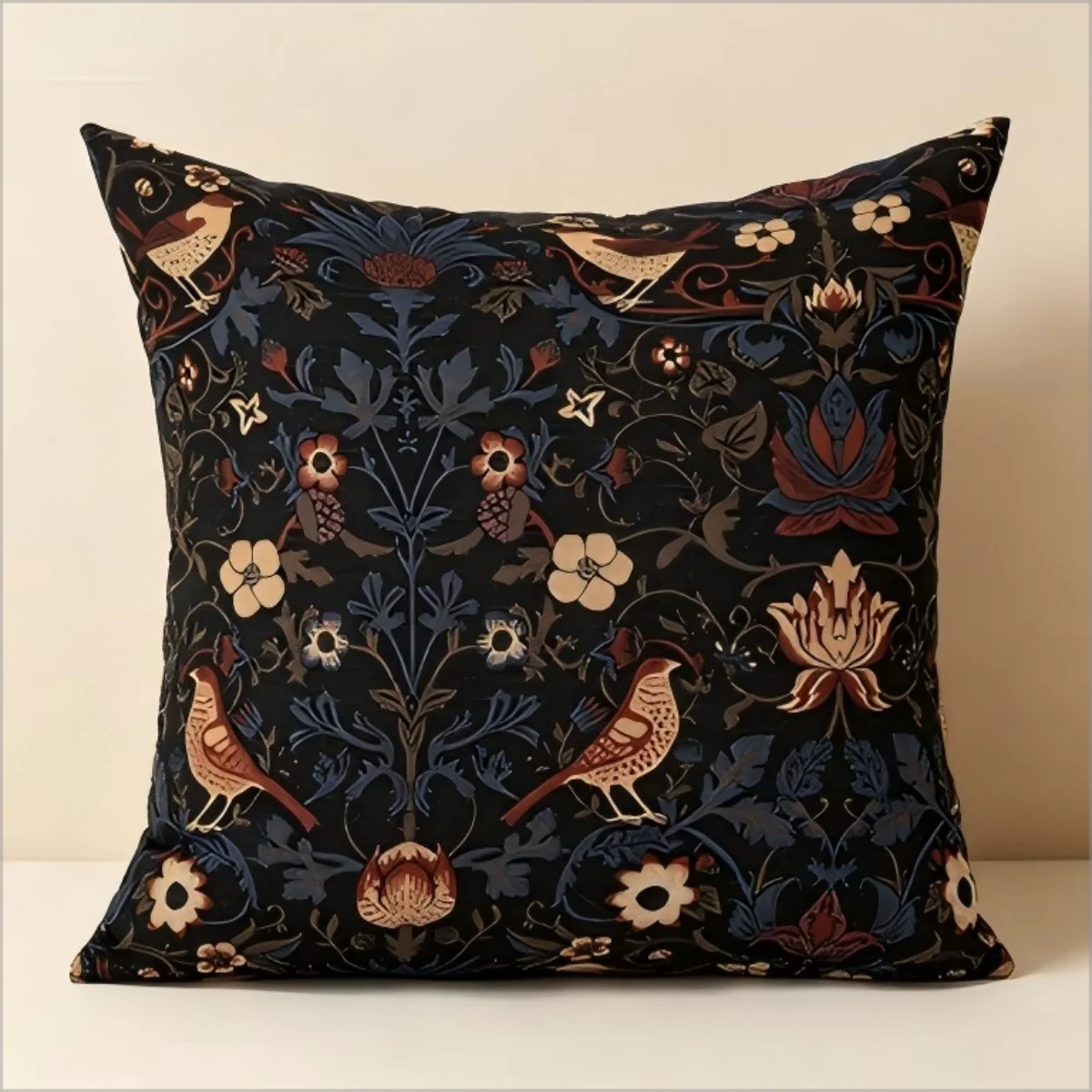 Kissenbezug im William-Morris-Stil mit Vogel- und Blumenmuster, Dark Academia Vintage Botanical Dekokissen