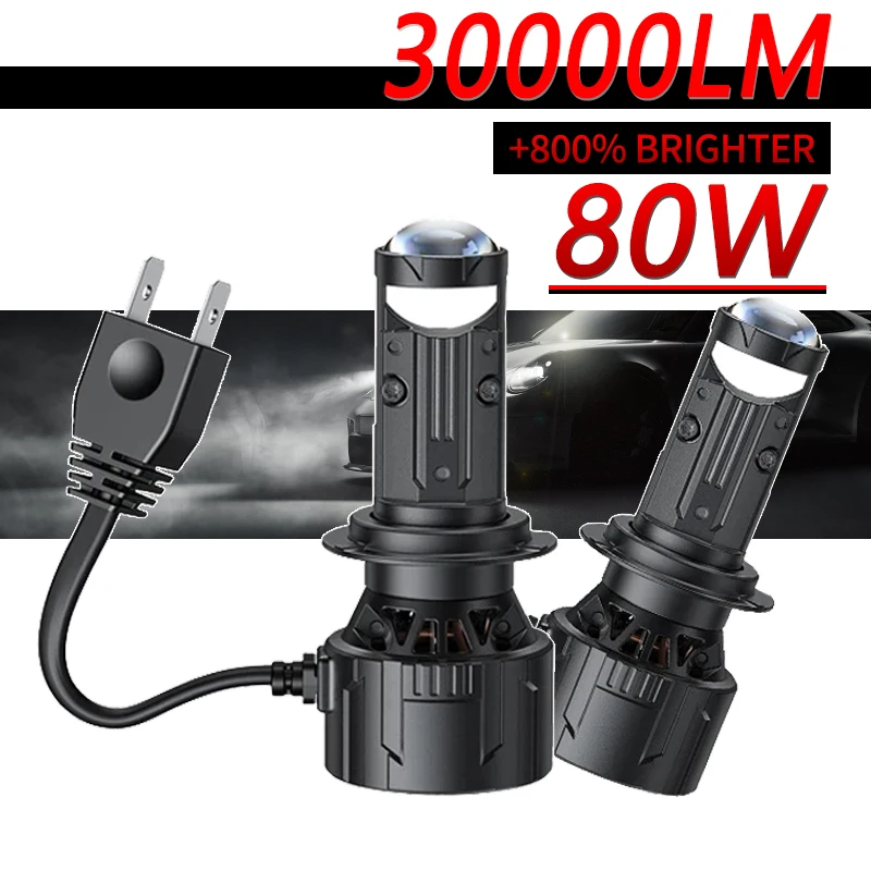 

2Pcs H7 H4 LED Projector Lens Headlight Canbus No Error 80W 9003 HB2 6000K White High Low Beam High Power Turbo LED 12V