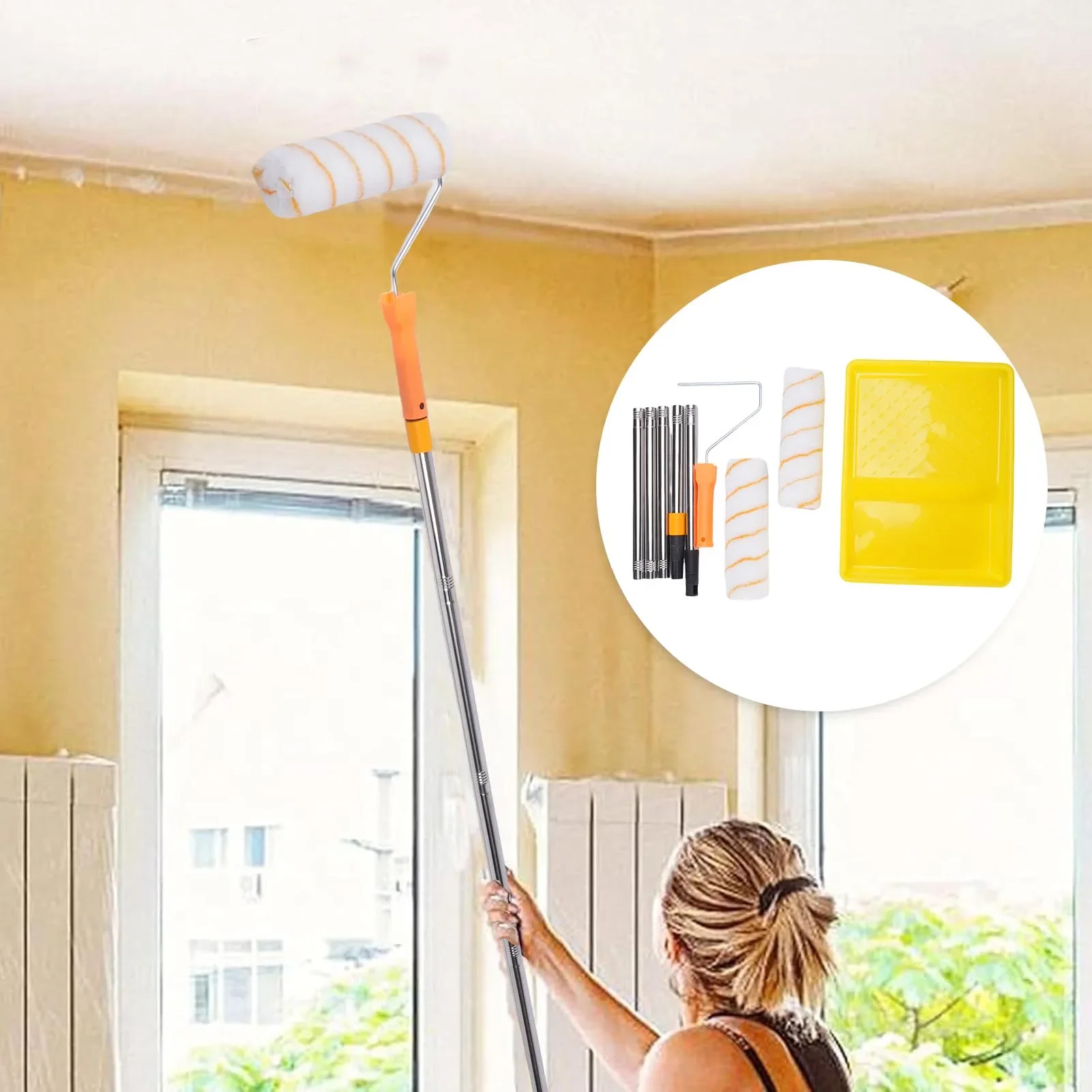 Paint Roller Kit Set Multi Function With 1.2m Stainless Steel Extended Detachable Pole Handle For Wall Ceiling