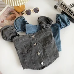 Denim Corset Top Summer Button Up Puff Sleeve Smocked Back Slim Fit Crop Tops Teen-girl Women Outfit