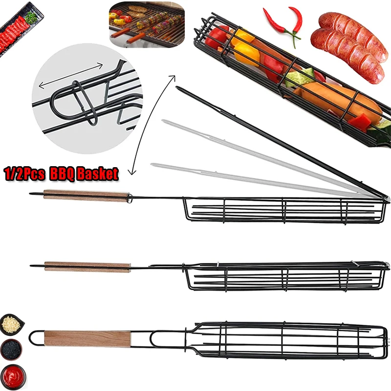 

2/1Pcs BBQ Grilling Basket Portable Stainless Steel Nonstick Reusable Durable Anti-Corrosion Wooden Handle BBQ Tool Basket Grill