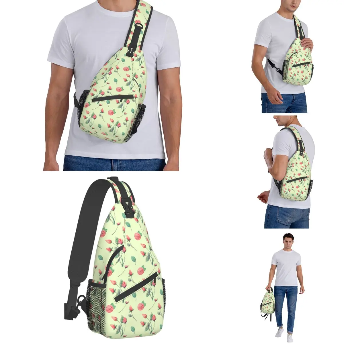 Green With Flowers Small Sling Bags Chest Crossbody Shoulder Sling Backpack Outdoor Hiking Daypacks Pink Flower Men Women Pack