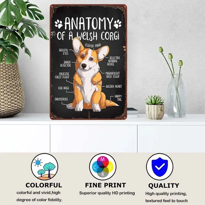 Anatomy of a Welsh Corgi Metal Wall Art Mural Retro Tin Plate Metal Poster Gamer Room Decoration Vintage Home and Decoration Bar