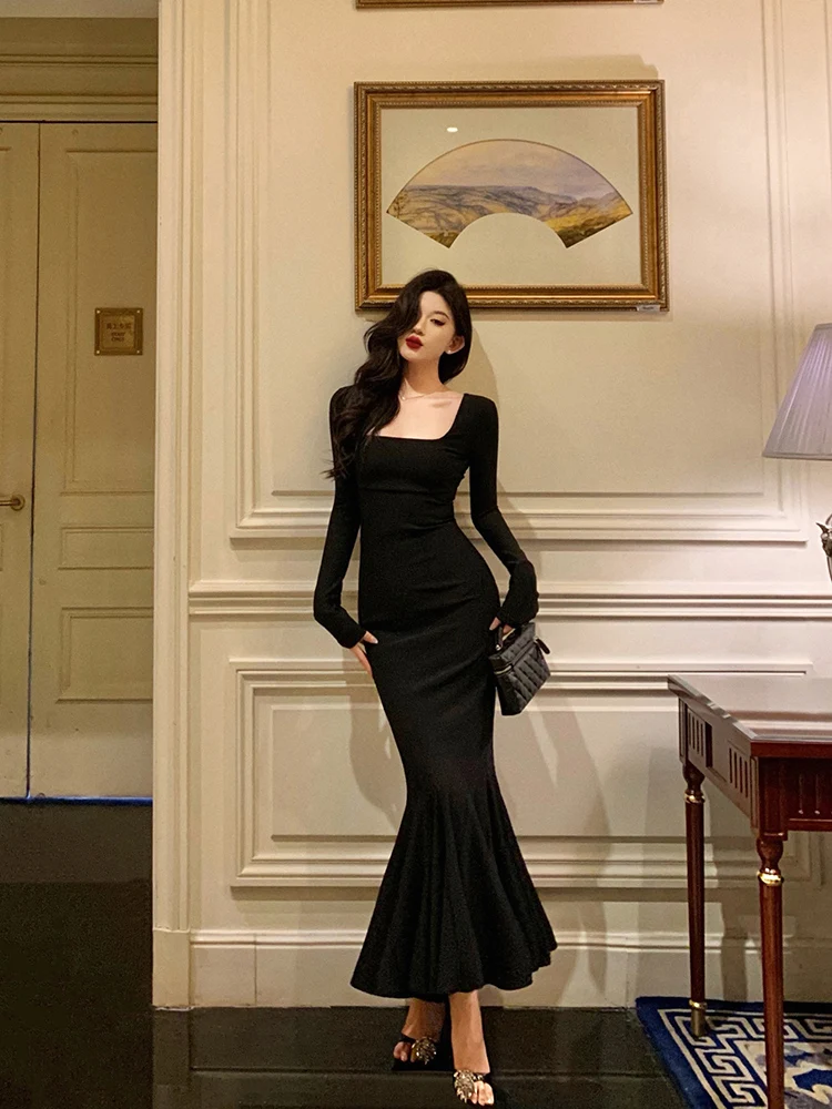 フランスのエレガントなスタイルのボディコンフィッシュテールロングドレス、スクエアネック、長袖、ハイウエスト、スリムフィット、黒のイブニングドレス、女性用、秋