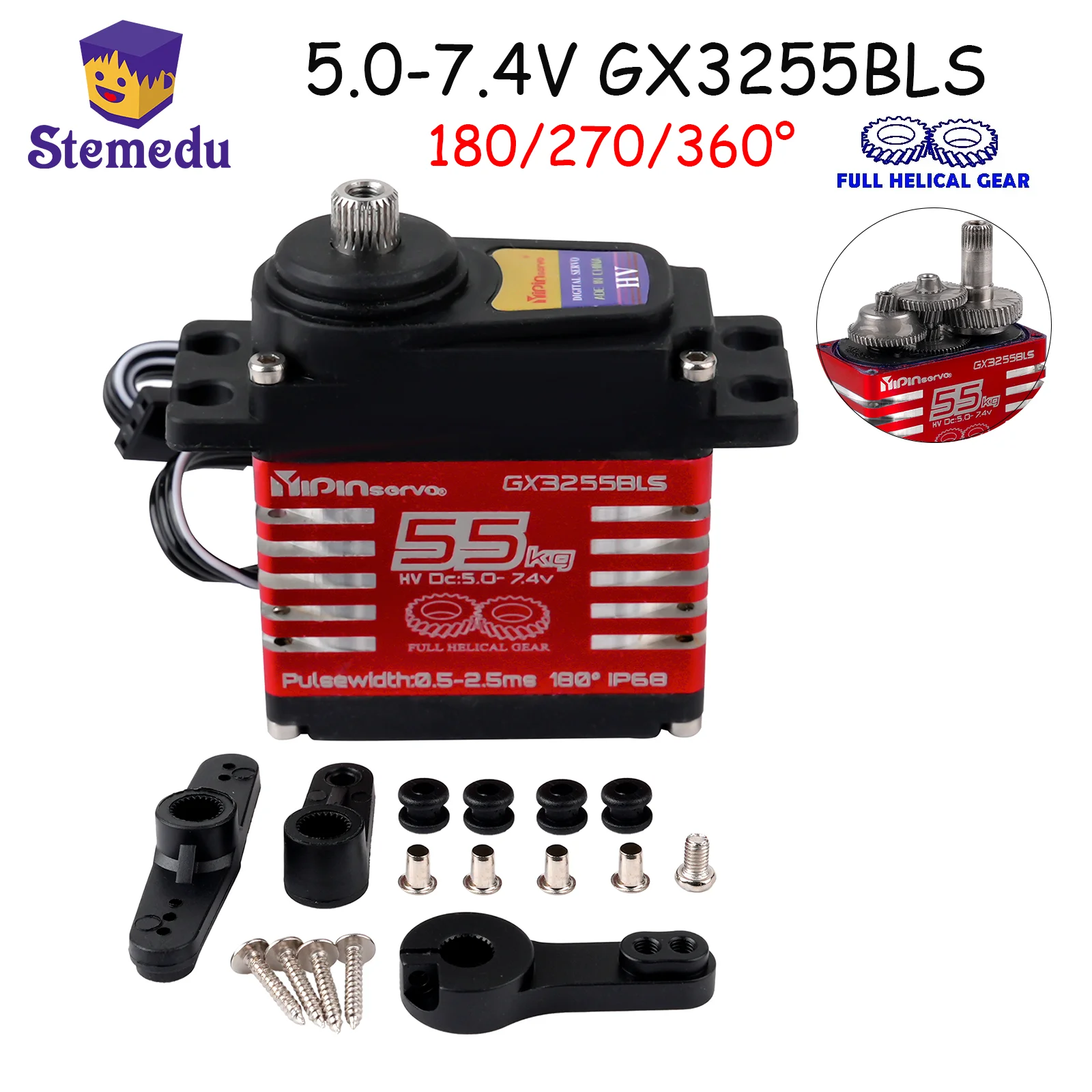 55kg Servo Steel Helical Gear Waterproof IP68 Servo Large Torque Magnetic Induct 7.4v Brushless For RC Accessories 1/8 1/10 Cars