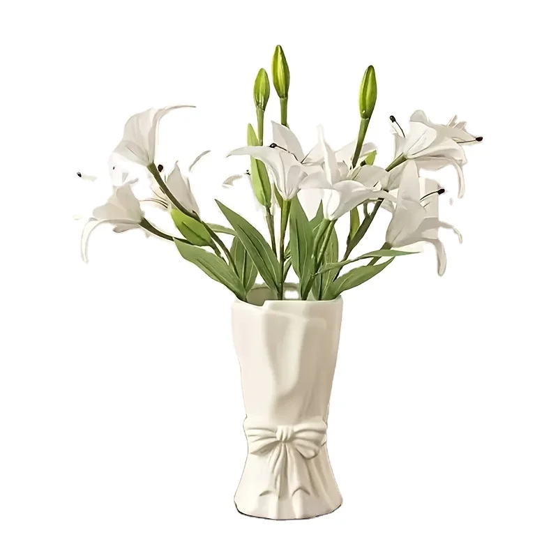 

Modern simple white ceramic vase with bow accent elegant home decoration living room entrance channel vase simple vase