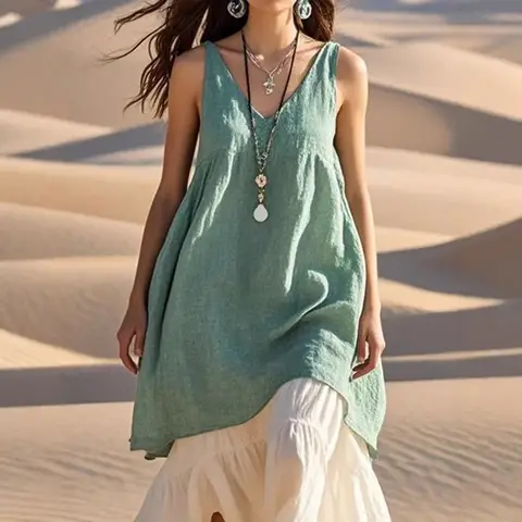 새로운 여성 비치 스커트 민소매 패치 워크 세련된 느슨한 v 넥 휴가 조끼 롱 드레스