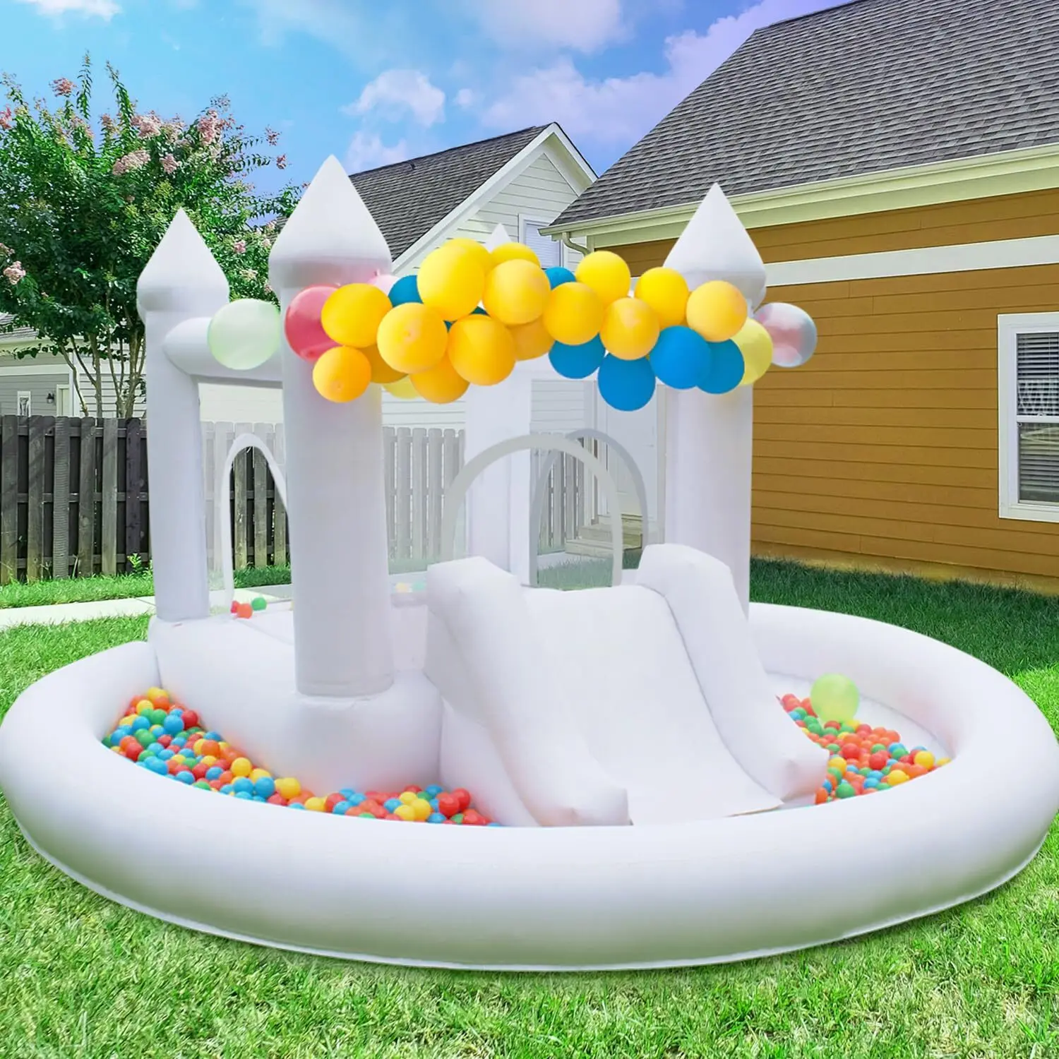 

White Inflatable Bounce Castle, Jumper Bouncy House With Slide And Blower Castle In The Water Theme Wedding Birthday Party Me