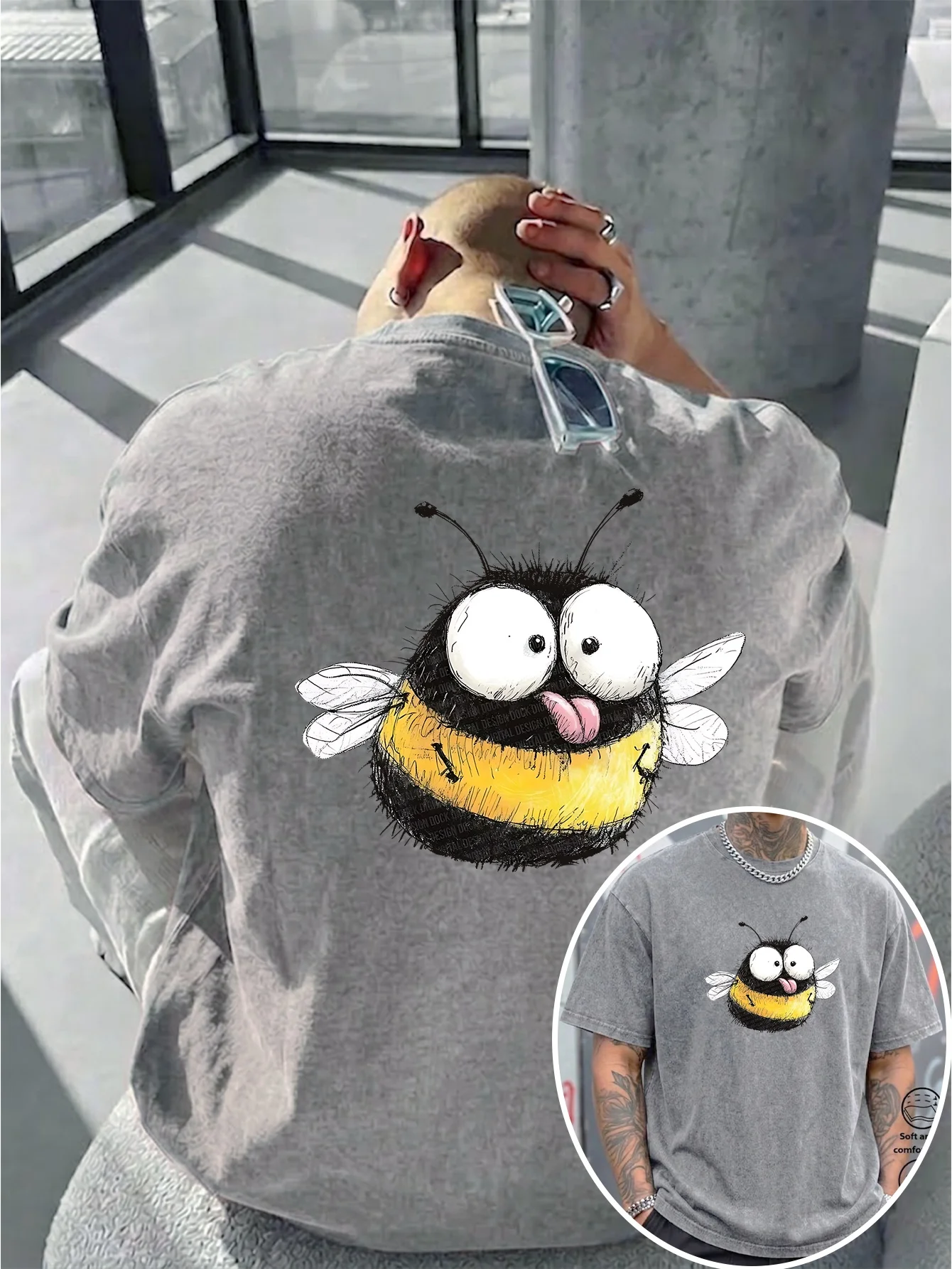 Men's Washed Cotton T-shirt Retro Hand Drawn Chubby Bumblebee Sketch Print Cute Illustration Streetwear Short Sleeve S-3XL