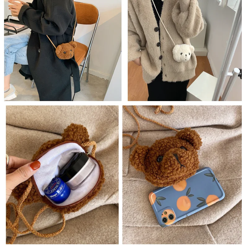 Bolso de hombro de felpa de oso lindo para niños, bolsos de mensajero de dibujos animados, monederos de felpa kawaii, mochila de animales de peluche