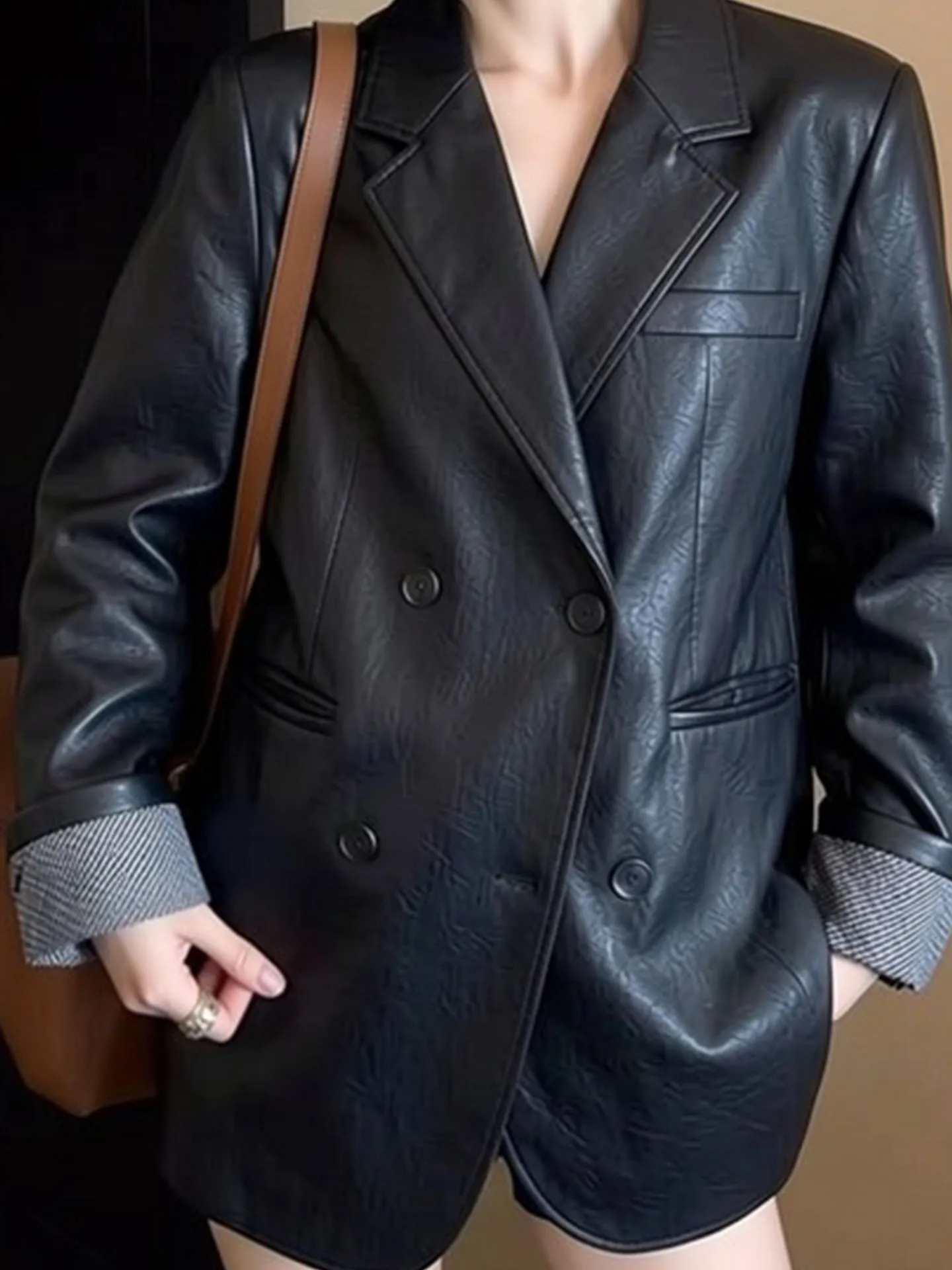 Ele Bla Leather Jaet Women's Spring 2026 New Sle Slimming Suit Coat Cool Windbreaker Commute Sle Stand Fit