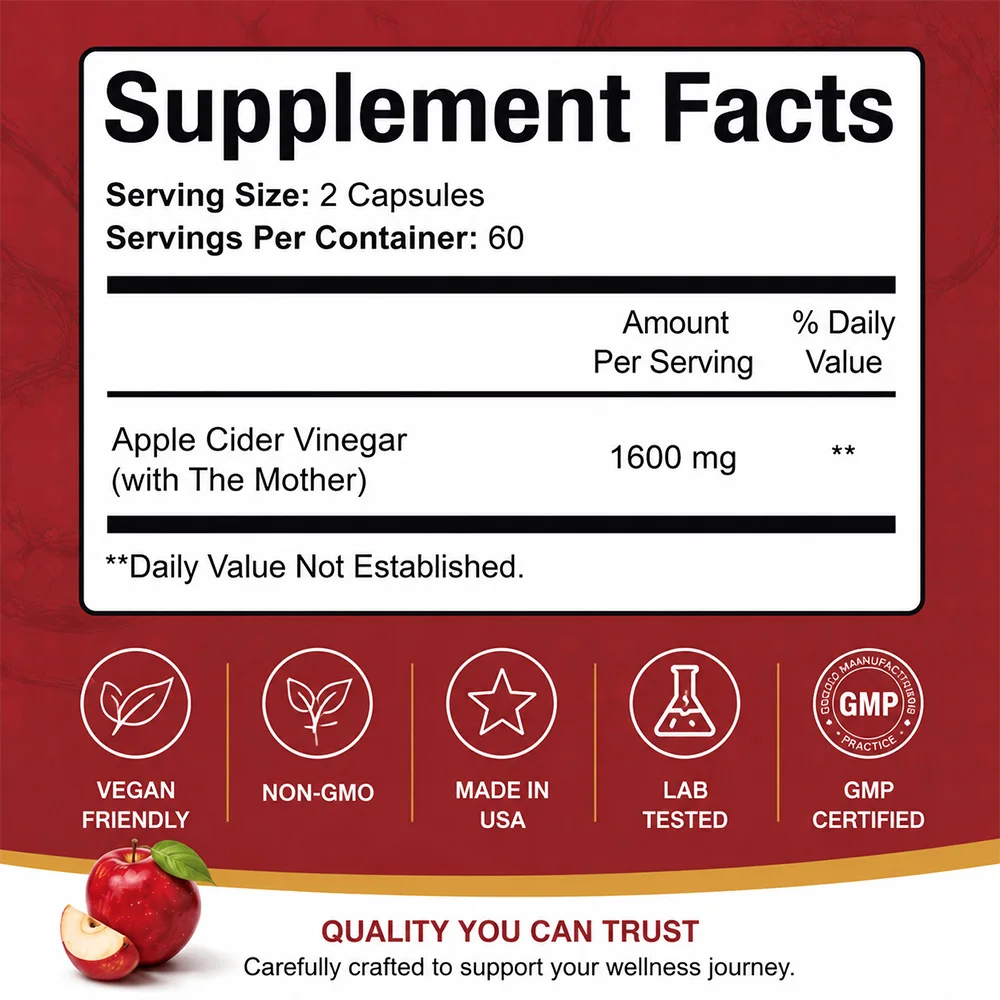 Apple Cider Vinegar Capsules with Mother 1600mg, 120 Capsules, 1600mg, Healthy Digestion, Metabolism, Immune Function