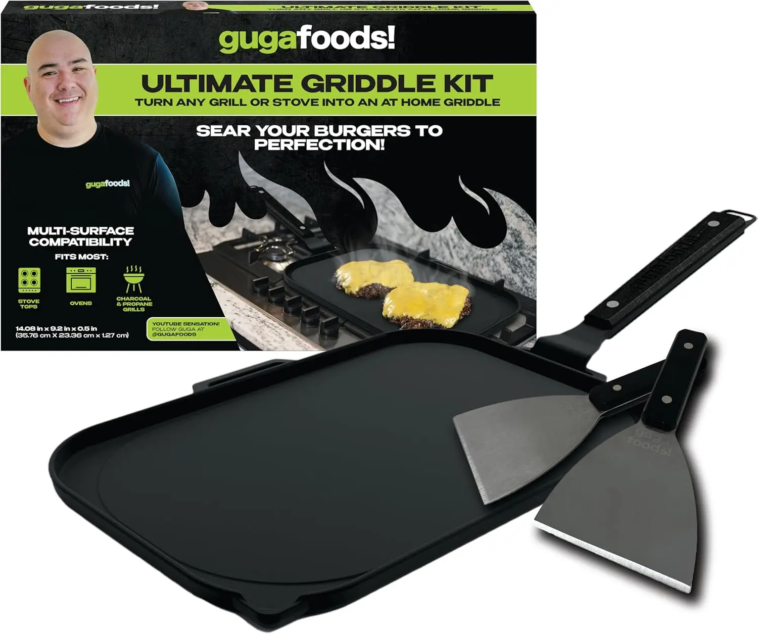 

Набор для гриля Guga Foods Ultimate Griddle Kit - превратит любой гриль или плиту в уникальный прибор, включает чугунную сковороду-гриль со съемной ручкой, из нержавеющей стали.