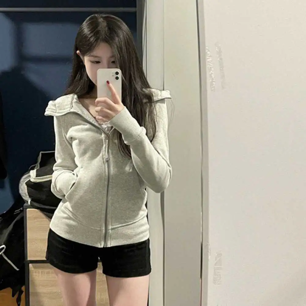 

Gray Hooded Cardigan Hoodie American High Street 202 Autumn Thin Elegant Temperament Casual With Loose Stylish Zipper Ladie Coat