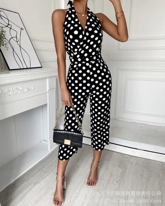 

Women's Polka Dot High Waist Casual Wide Leg Jumpsuit Temperament Commuting Female Fashion Halter Off Shoulder Long Jumpsuits