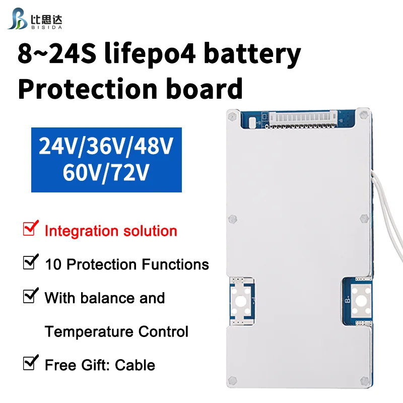 Bisida Bms 8S-24S Lifepo4 Batterij (3.2V) 24V/36V/48V/60V/72V Gemeenschappelijke Poort Met Balans En Ntc, Tien Functionele Beveiligingen