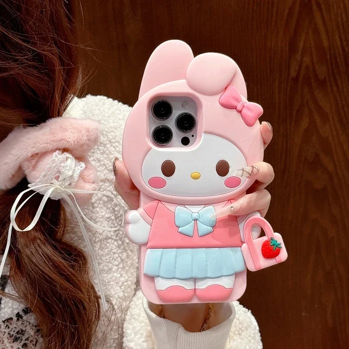 Kawaii Hello Kitty 3D Silicone Phone Case for IPhone 16 15 14 13 12 11 Pro Max Sanrio Anime Kuromi My Melody Protective Cover