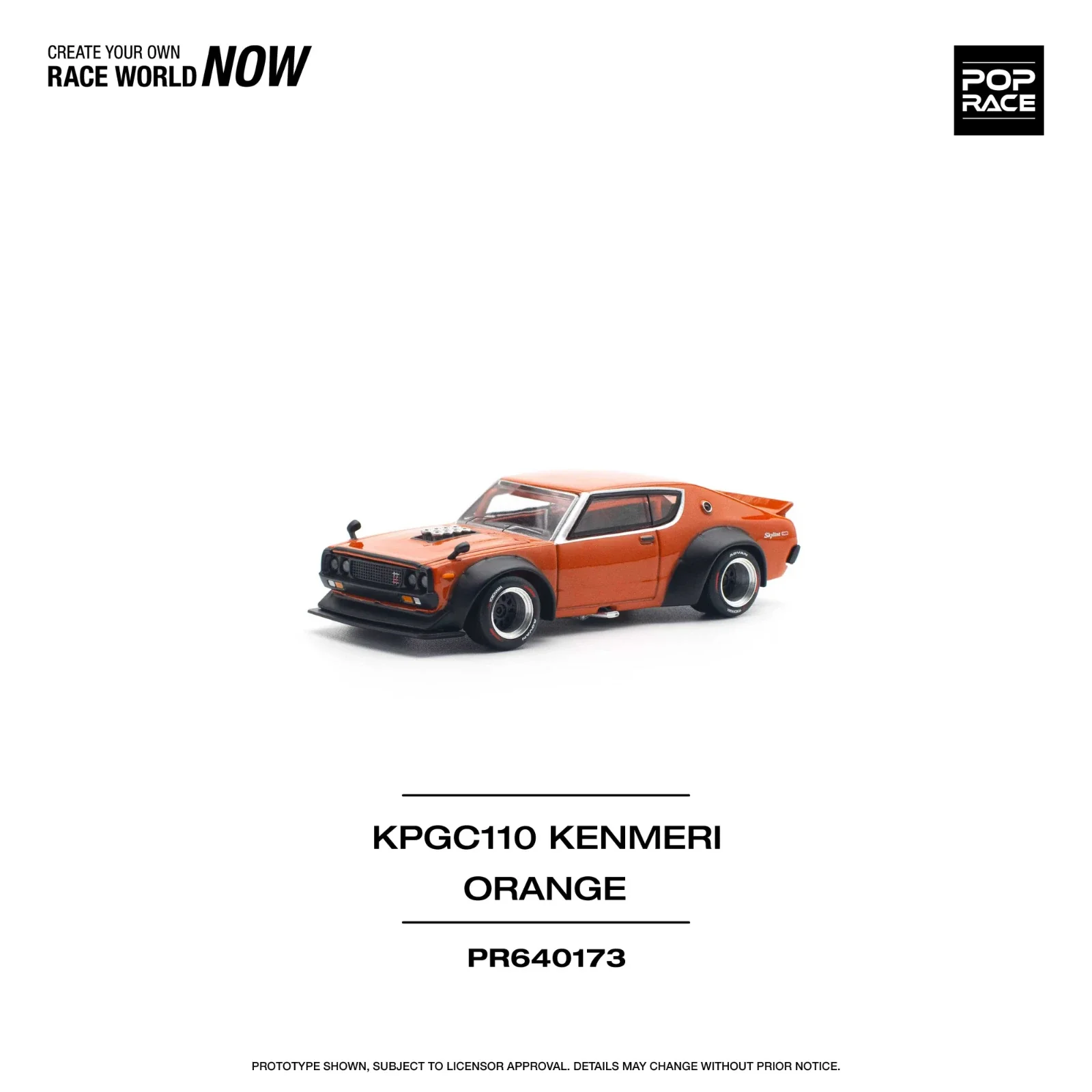 

Pop Race In Stock 1:64 Skyline KPGC110 Kenmeri V8 Drift Orange Diecast Diorama Car Model Toy