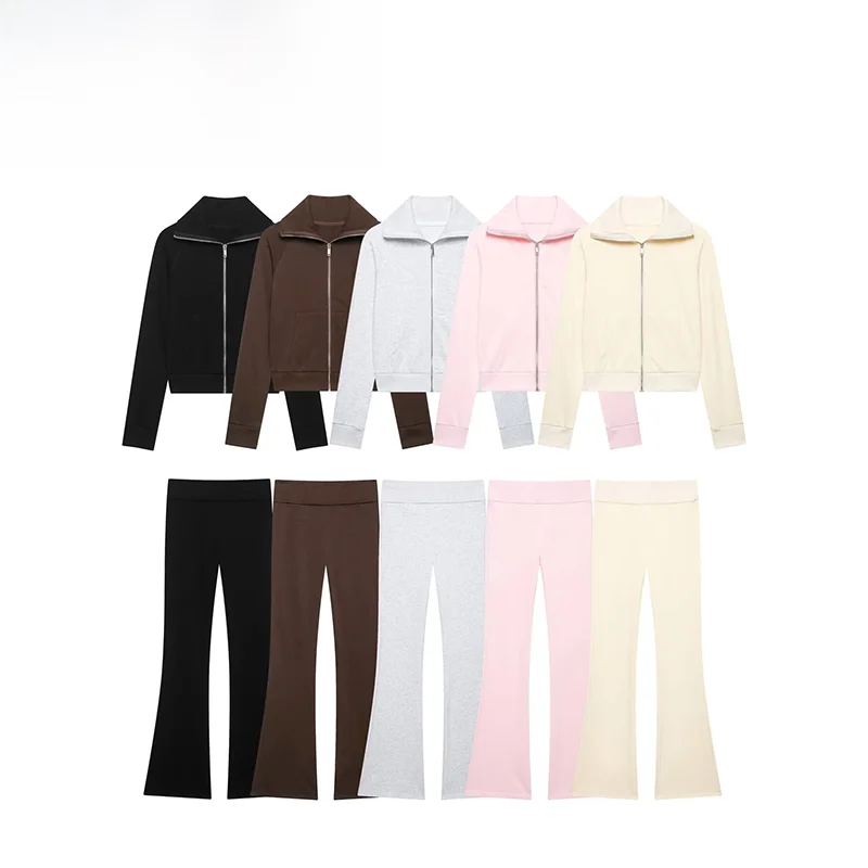 High Waist Elastic Waist Zipper Jacket Flared Pants Women's Fashion Set Summer New Arrival Polyester Fiber Long Sleeve Coat