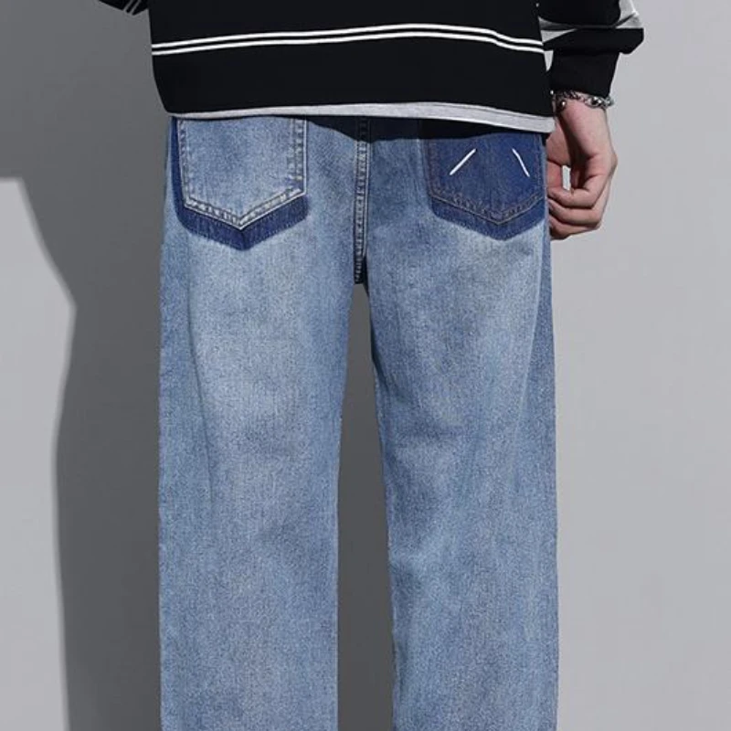 Autumn Winter Men's Jeans Embroidery Mid-waist Full Length Straight Leg Wide Leg Baggy Jeans Male High Street Y2k Denim Pants