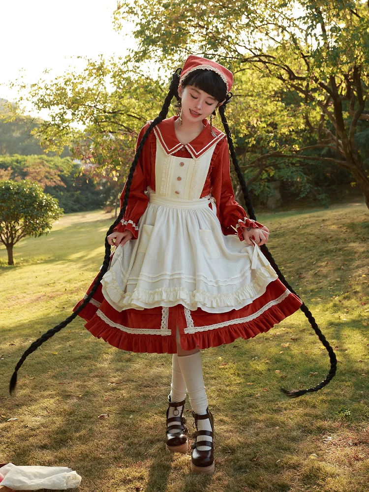 Original Rural Style Corduroy With Ruffled Edges Lolita Dress Sweet Loli Op Apron Student Campus Party Dress With Puji