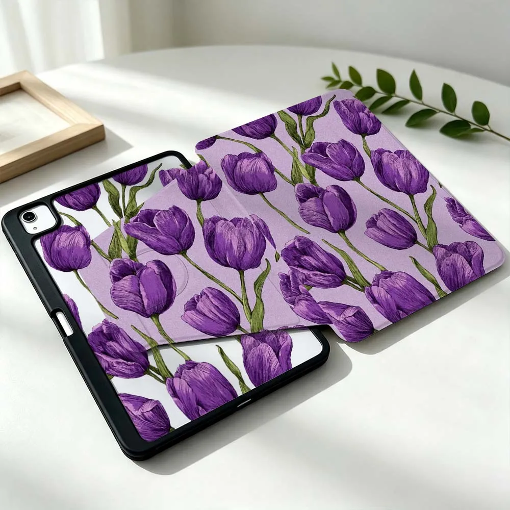 Artistic Purple Tulips For Samsung Galaxy Tab S11 S10 S9 S8 A11 FE Plus Ultra 360° Rotation Stylus Storage Tablet Case