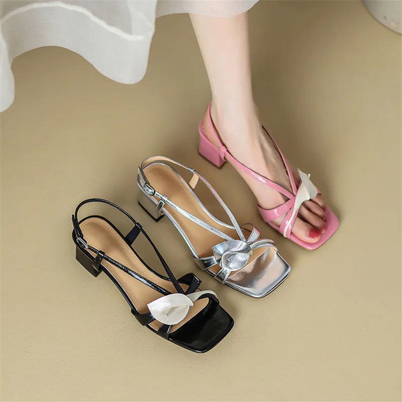 New Summer Sandals Split Leather Women Shoes Square Toe Shoes for Women Fashion Flower Sandals Handmade Mid Heels Sandals
