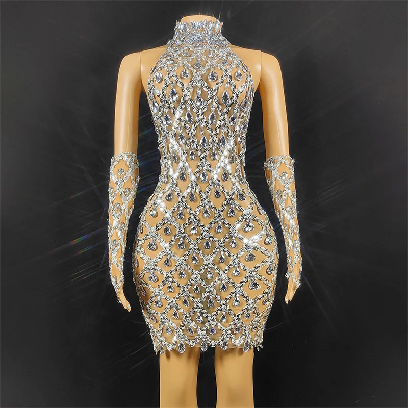 3pack Mesh Rhinestone Detail Sheer Party Prom Dress Transparent Halter Neck Bodycon Dress and Arm Sleeves