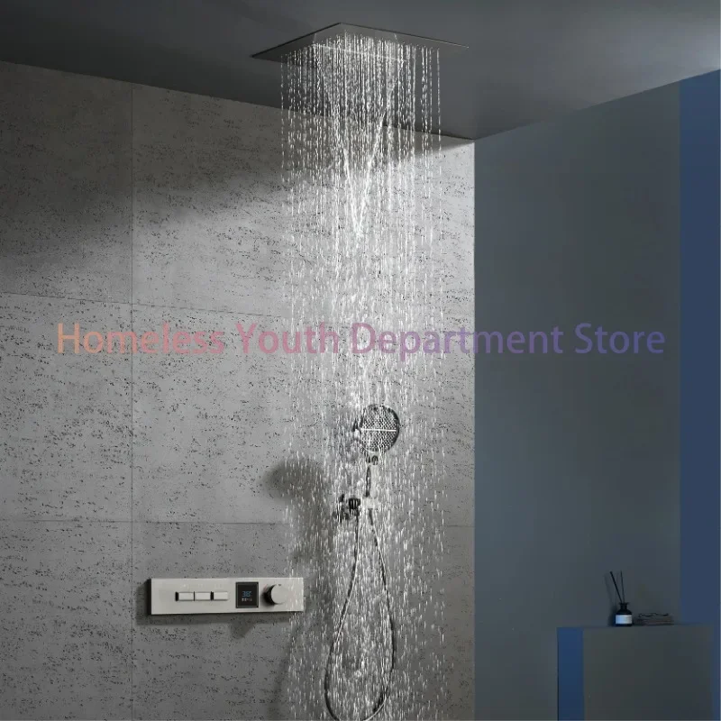 Luxury gun gray brass shower system with LED digital display design Wall mounted constant temperature 3-function bathroom faucet