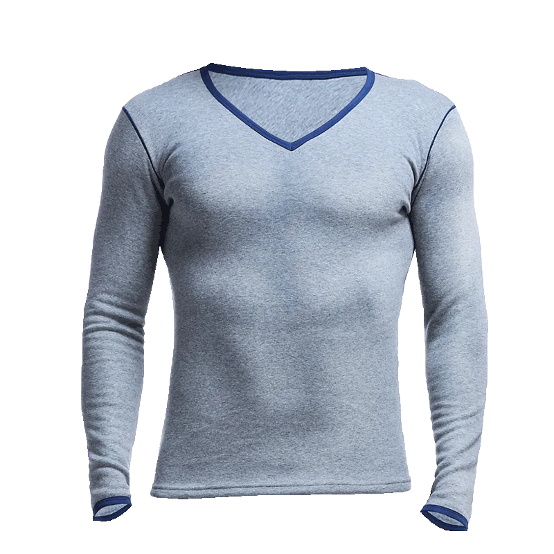 

Мужской утепленный хлопковый свитер на флисовой подкладке с термообразным вырезом и v-образным вырезом, цельный молодежный теплый топ с длинными рукавами