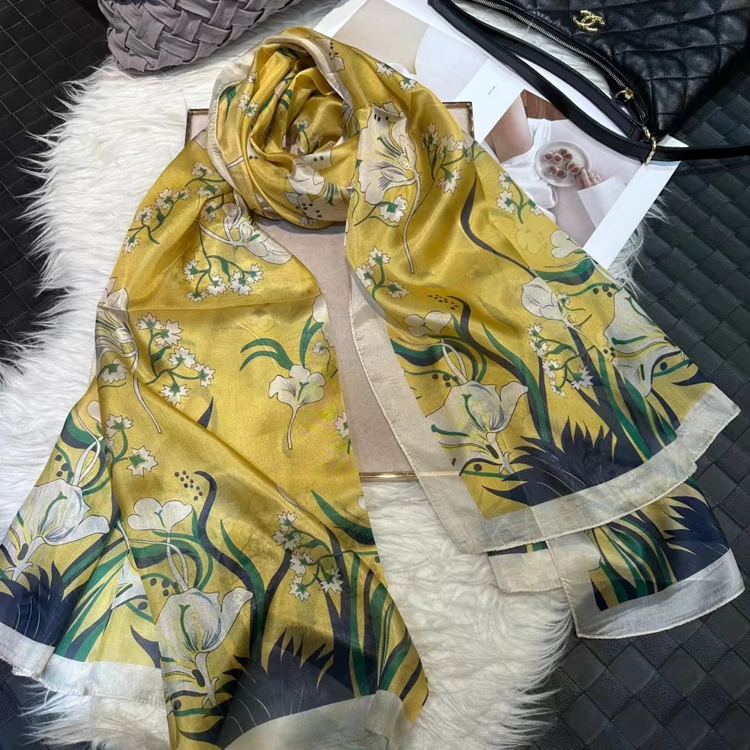 

BYSIFA|Yellow Green 100% Silk Shawl Scarf Fashion Brand Women Fall Winter Floral Design Long Scarves Bufand Summer Beach Shawls