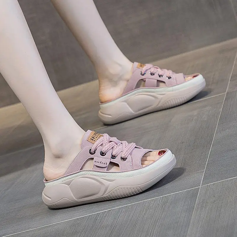 

Trendy Comfortable Women's Leather Slippers Casual Slip-On Sandals Soft Bottom Outdoor Wear Summer Flats Color Block Design