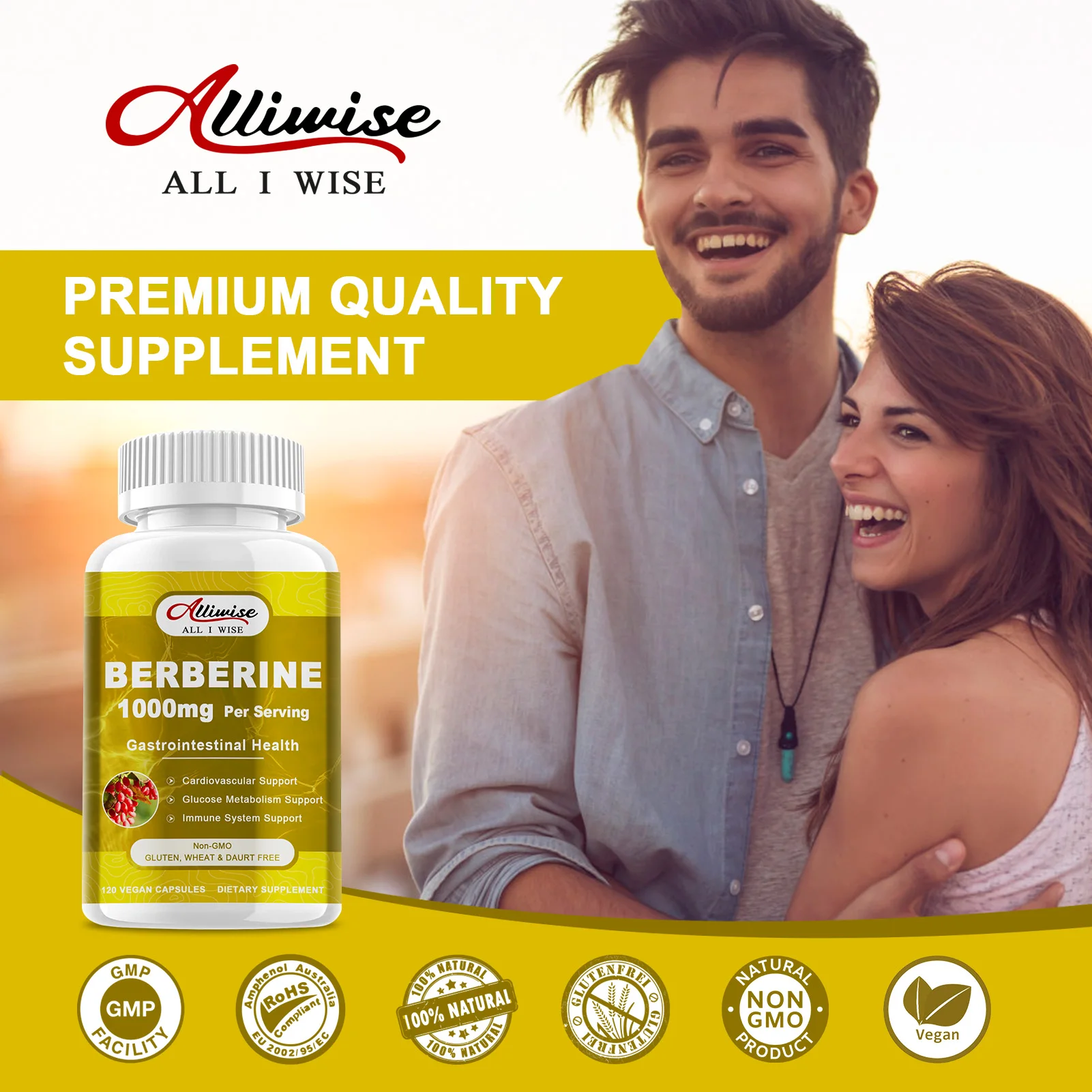 Alliwise Premium Berberine Supplement Capsules Supports Immune System, CardiovascularHeart & Gastrointestinal Wellness