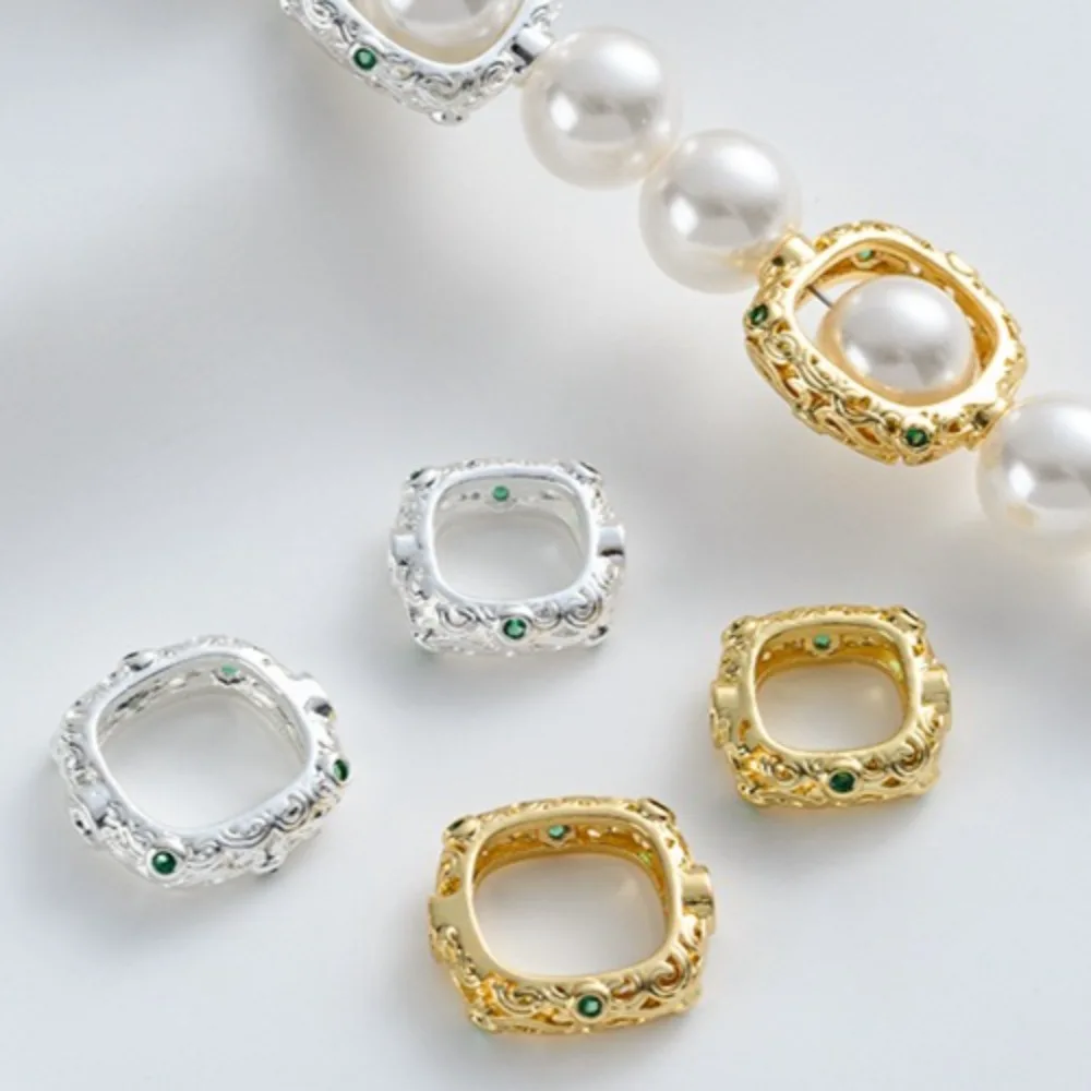 

18K Gold Color Bright Silver Inlaid Green Zirconium Square Retro Set Bead Ring Handmade DIY Beaded Ring Jewelry Accessories