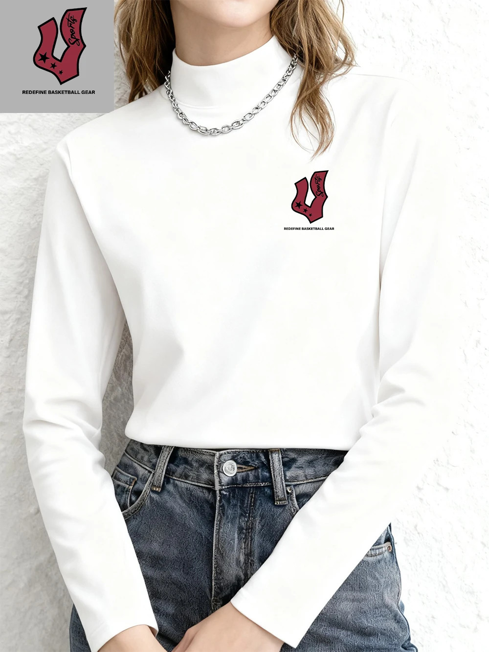 

Redefine Basketball Gear Prints T-Shirt Women Autumn Long Sleeves Bottoming Shirt Warm Half Neck Slim Fit Tops Basic Clothes