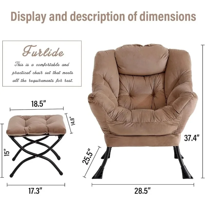 Lazy Chair with Ottoman, Modern Chair with Folding Footrest, for Bedroom, Study, Living Room, Courtyard (Khaki)