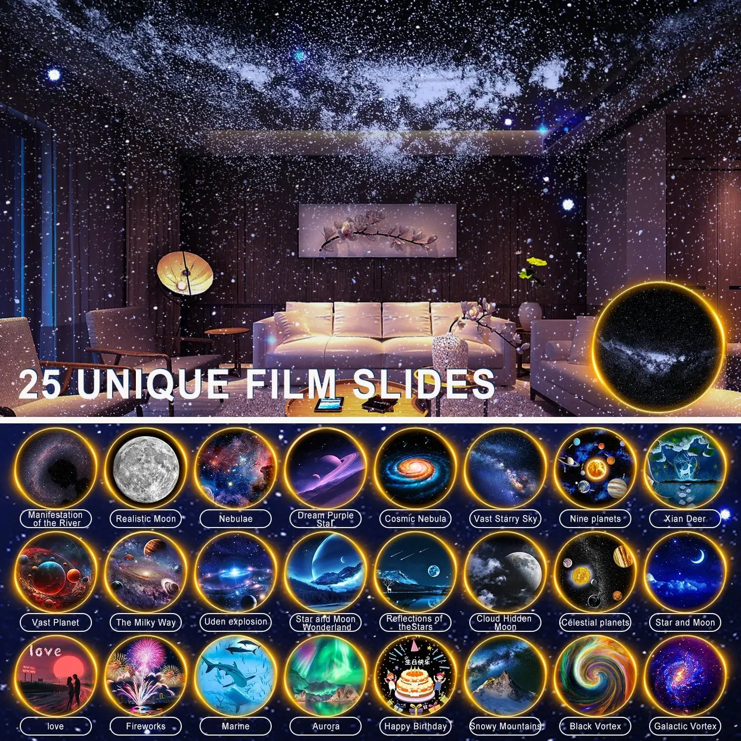 25 in 1 Star Planetarium Projector 360° Rotating LED Galaxy Night Lights Projector Lamp for Bedroom Ceiling Room Decor Kids Gift