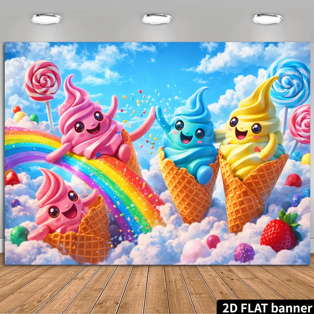 Cute Ice Cream Tapestry, Kawaii Rainbow Cloud Wall Hanging, Sweet Candy Land Backdrop, Pastel Kids Room Nursery Home Decor