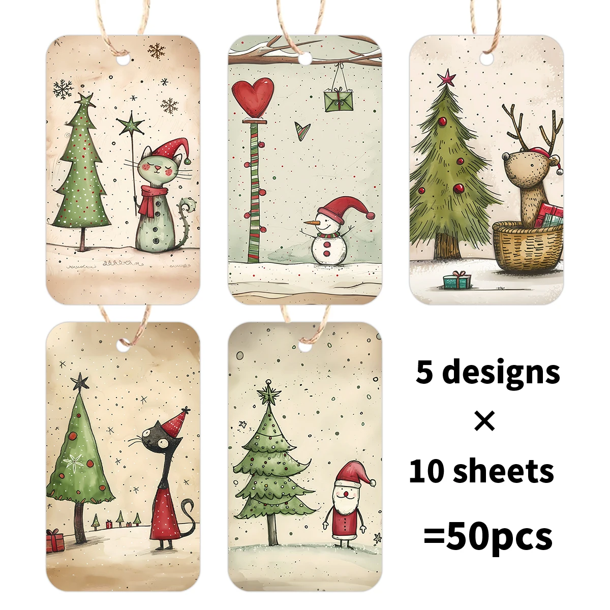 50pcs Vintage Christmas Hanging Gift Tags With Rope-Hand-Drawn Design,Labels For Gift Wrapping,Decor,Craft,Home Party Decoration