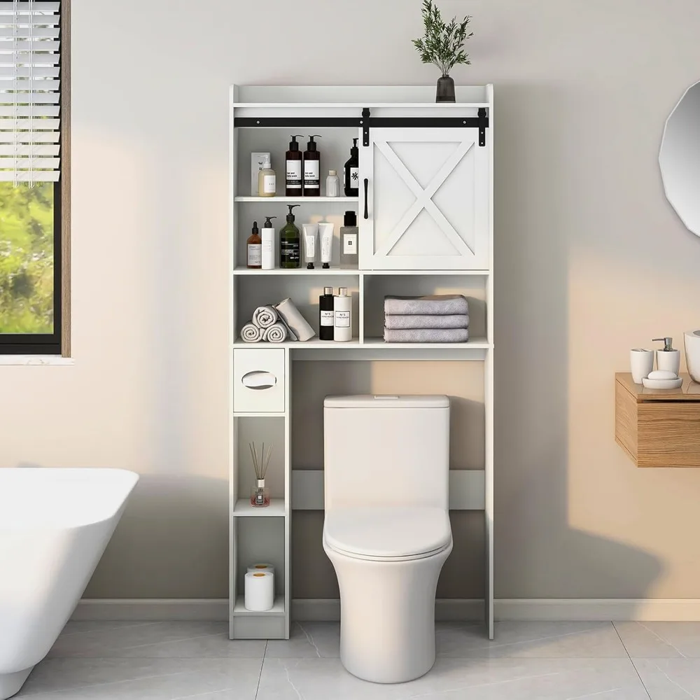 

Over The Toilet Storage Cabinet, Farmhouse Storage Cabinet Over Toilet with Sliding Barn Door & Toilet Paper Holder Stand，Home S