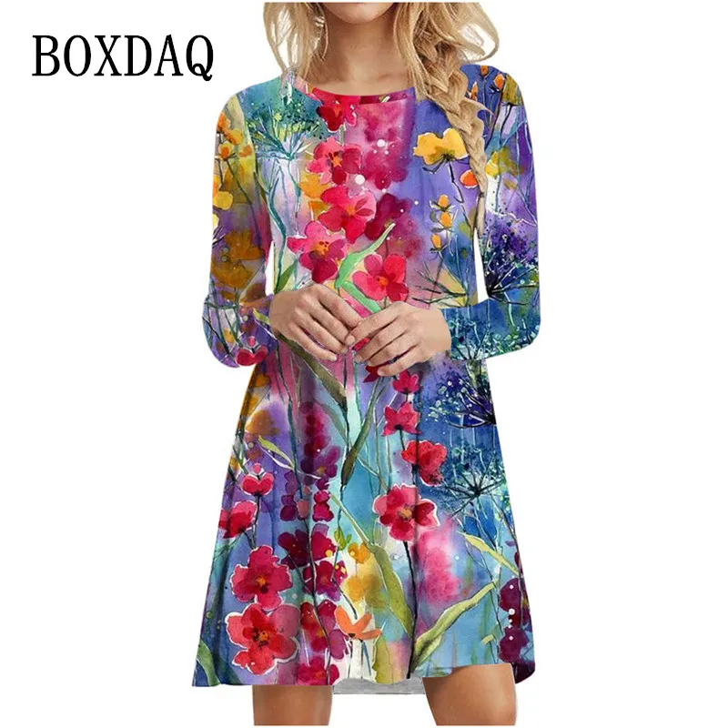 Tie Dye Gradient Print Dress Women Plant Flowers Long Sleeve Loose Dress Autumn Winter Casual Oversized Clothing Female Vestidos