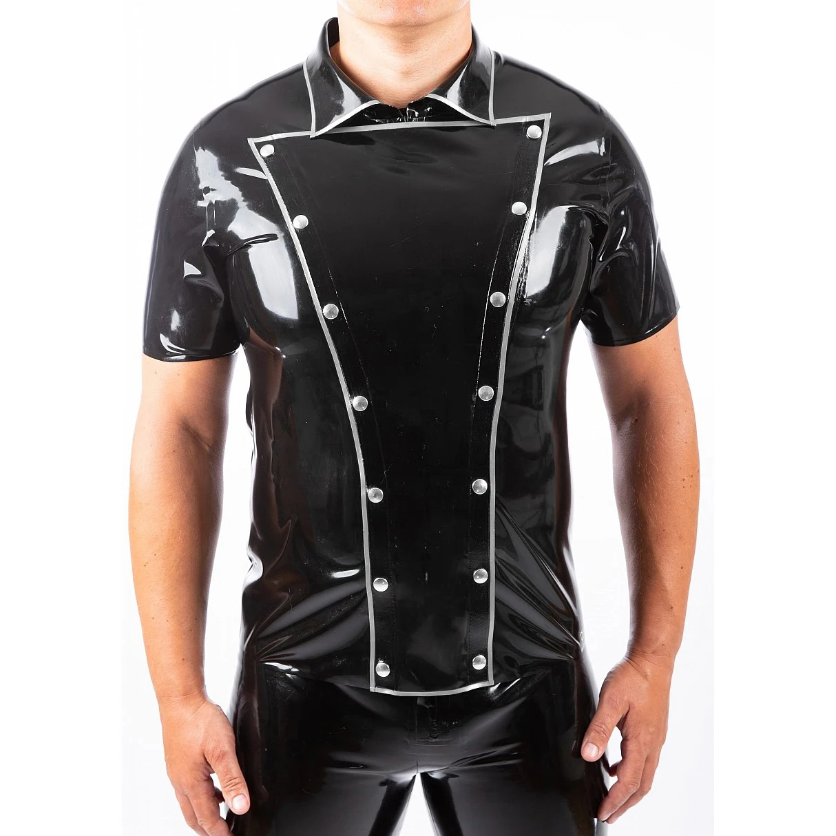 

Black Sexy Latex Military Uniform Double Brested Front Zipper Turn Down Collar Short Sleeve Rubber Shirt Coat Jacket Top YF-0461