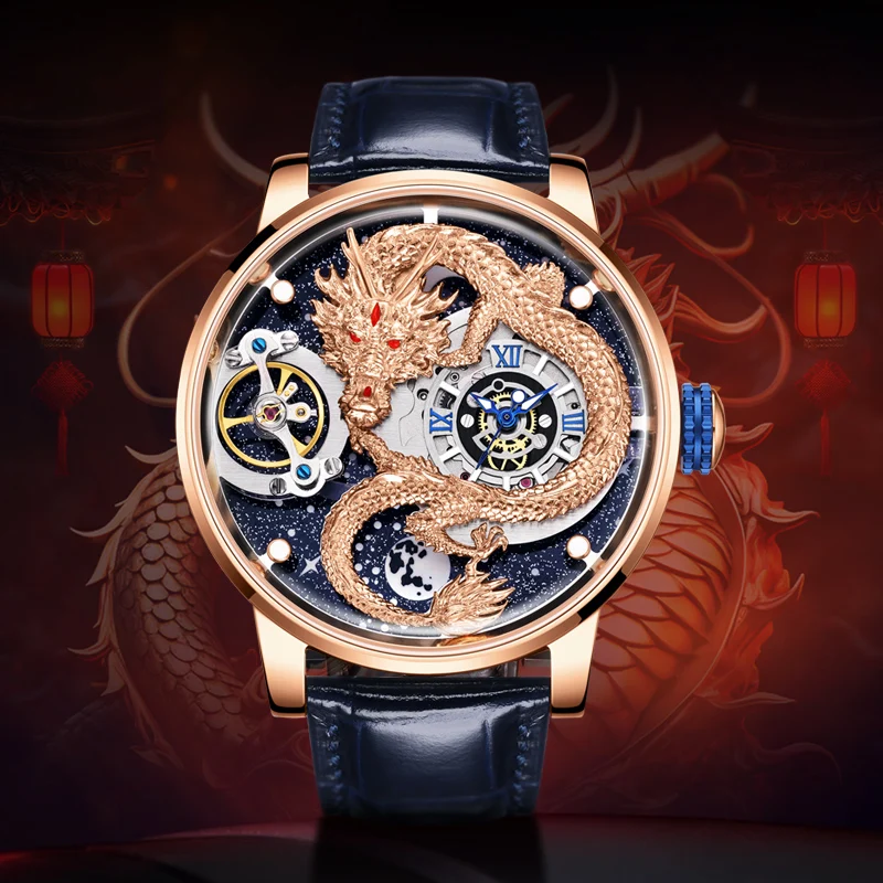 HANBOR Dragon Men Automatic Mechanical Wristwatch Hollow Out Luxury Watch For Mens Watch Luminous Waterproof 5D Engraving Montre