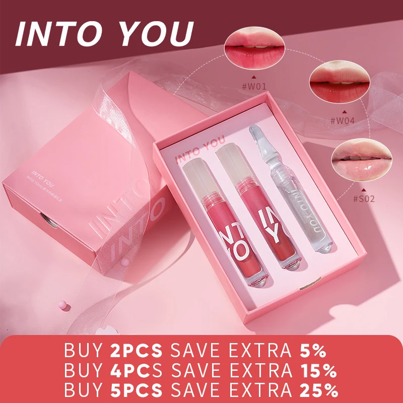 INTO YOU 3 Pcs Lip Gloss Lip Balm Set Moisturizing Liquid Lipstick Long Lasting Lip Tint Makeup Care Gift Box