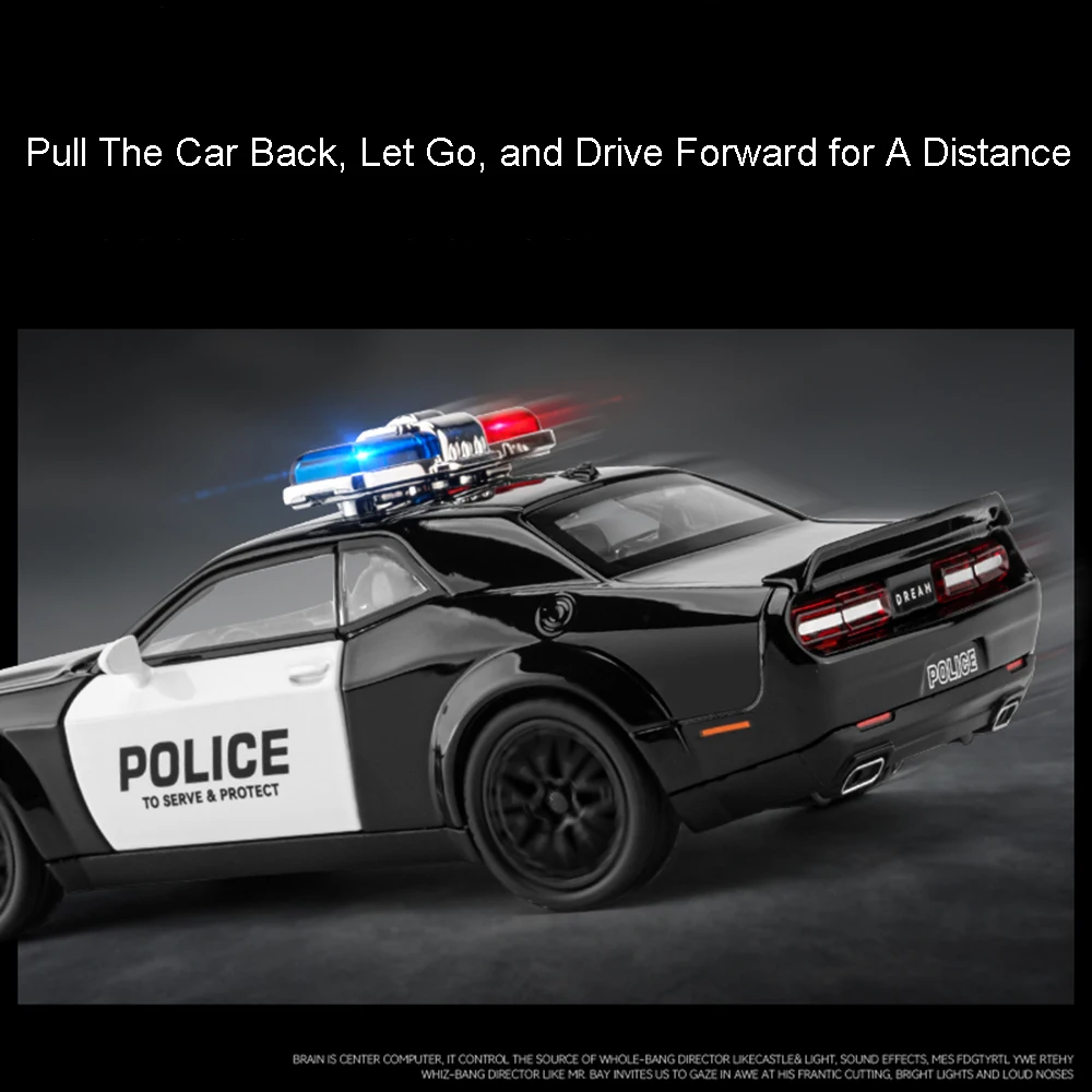 1:32 Challenger Police Car Model Toys Alloy Diecast Challenger SRT Sports Cars Sound Light Doors Opened Pull Back for Kids Gifts