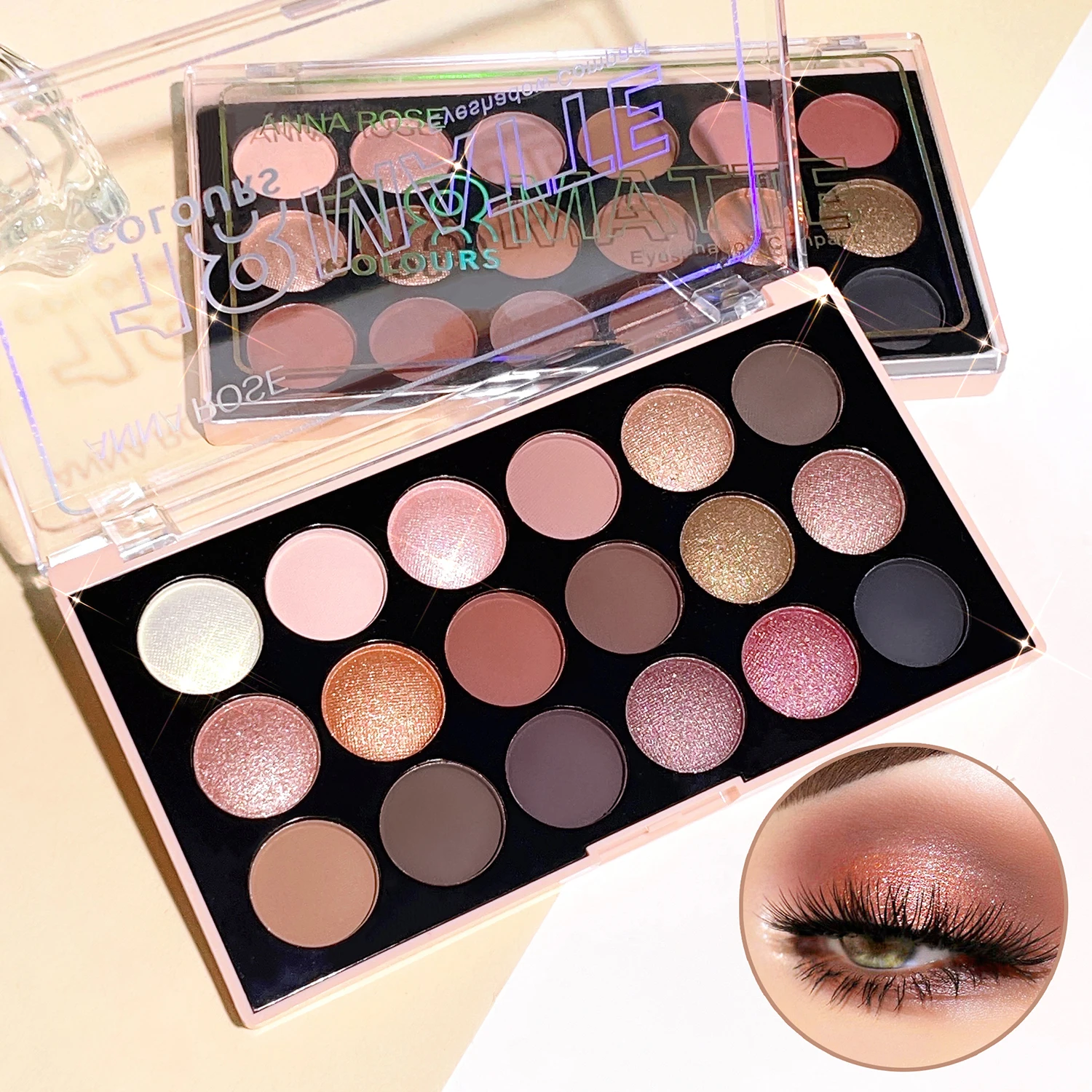 18-kleuren oogschaduwpalet - matte, glanzende en natuurlijke afwerking |   Waterdicht en zweetbestendig |   Langdurig, hoog pigment |   Perfect