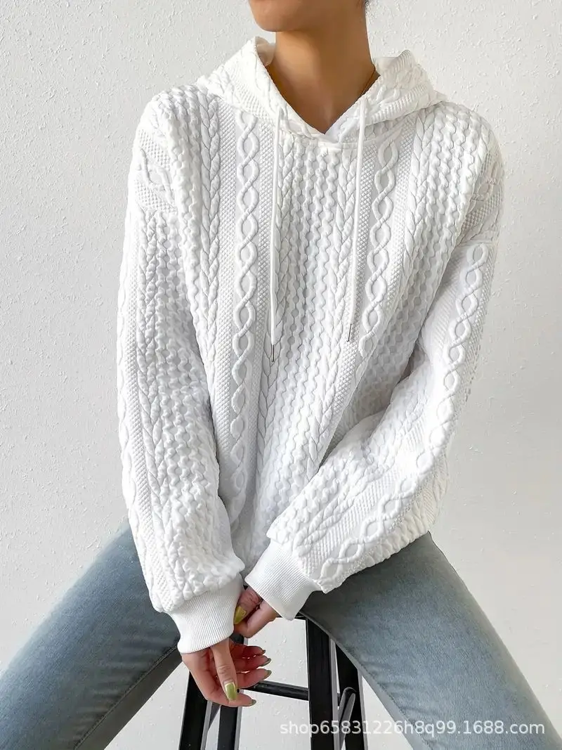 

Autumn Fashion Women Long Sleeve Solid Color Office Top Jacquard Pattern Knitted Jumper Hoodie Casual Female Sweatshirt Pullover