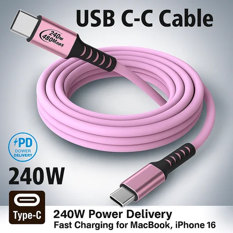 로즈 골드 USB-C 케이블, 240W 고속 충전기 코어, iPhone 16, MacBook, Galaxy S24, 내구성 있는 TPE, PD 충전