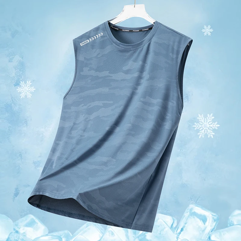 

Летняя спортивная футболка без рукавов для тренировок на открытом воздухе, впитывающая пот, быстросохнущая, модная, стильная, из ледяного шелка, бесшовная.